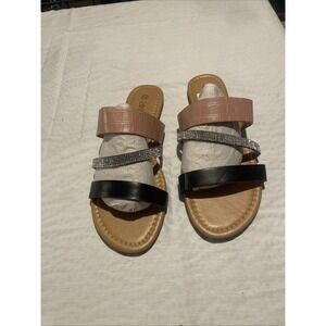 Love83 Tan Black Rhinestones strappy sandal - Size 10 3 Strap Slide New
